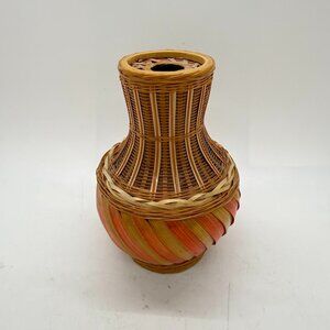 Vintage Hand Woven Rattan Bamboo Small Bud Flower Vase Retro MCM Handmade